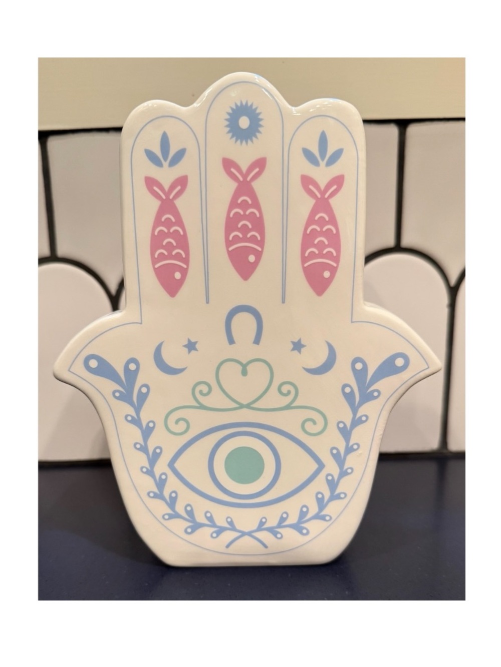White Hamsa Hand Decorative Trinket Dish with Pastel Blue, Pink & Mint Motif
